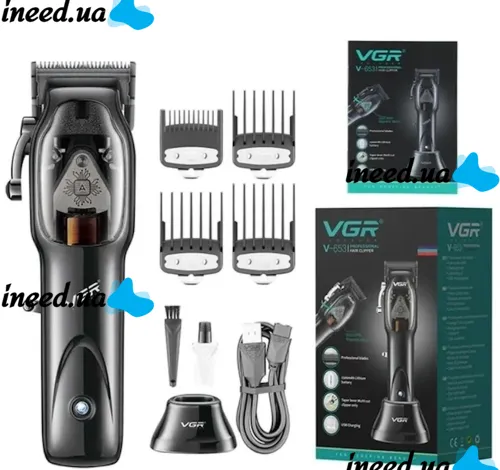 Беспроводной триммер для бритья VGR V-653, Аккумуляторная окантовочная машинка для стрижки волос и бороды с подставкой и насадками 10W V653 Черный