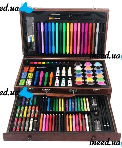 Детский набор для рисования и творчества Super Artist Tool Kit 123 предмета в деревянном чемодане Художественный комплект карандашей и красок в кейсе