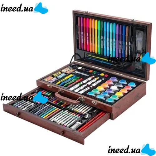 Детский набор для рисования и творчества Super Artist Tool Kit 123 предмета в деревянном чемодане Художественный комплект карандашей и красок в кейсе