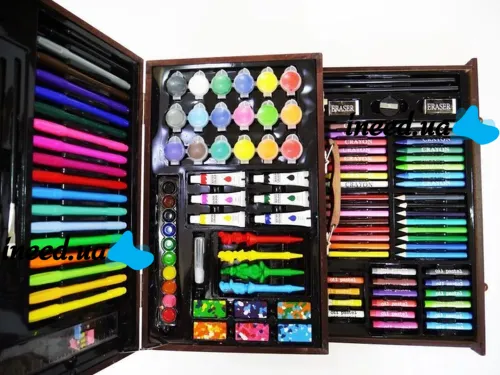 Детский набор для рисования и творчества Super Artist Tool Kit 123 предмета в деревянном чемодане Художественный комплект карандашей и красок в кейсе
