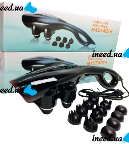 Электрический ручной массажер Quad Action Percussion Massager TK-88-2 для всего тела 28 Вт, 12 в 1, Вибрационный мышечный мультимассажер для спины