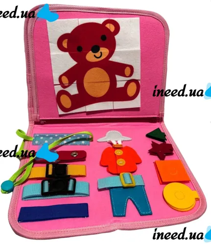 Developmental sensorimotor board Lesko 5462 Pink bisiboard for learning and development of babies, Montessori handbag developing motor skills and sensorics of children