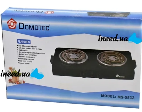 Domotec MS-5532 1000W Desktop Spiral Electric Stove with Two burners, Two-burner Electric Stove with Wide spiral and Thermostat Black