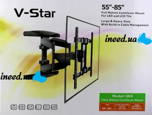Настінний поворотний кронштейн V-Star S65 55"-85" дюймів для телевізора до 68.2 кг, Підвісний тримач кріплення для ТВ плазми 55-85 дюймів Чорний