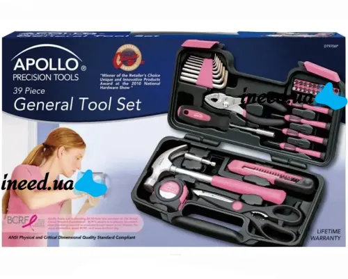 Женский набор инструментов Apollo Tools DT9706P 39 предметов, Универсальный комплект инструмента молоток отвертки плоскогубцы ножницы биты Розовый
