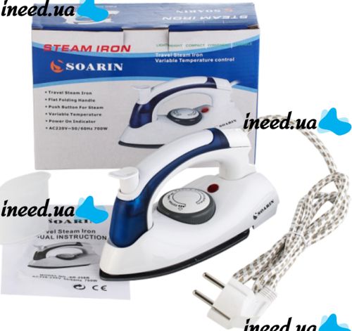 Folding Hand Iron Soarin SR-258B 700W with Steaming Function 3 Modes, Steam Generator Steamer with Folding Handle AND-31-30 White with blue