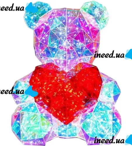 Кришталевий ведмедик Тедді з сердечком Love Bear Red 3D з LED підсвічуванням 25 см, Світлодіодний голографічний світильник ведмідь із серцем від USB Червоний