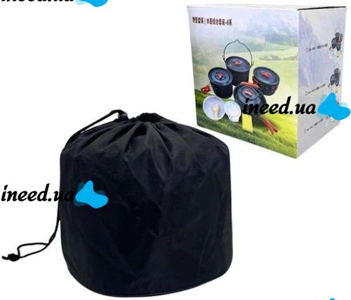 Туристический кухонный набор посуды Camping cooking AL-600 на 15 предметов чайник 3 кастрюли сковорода и кухонные принадлежности в чехле для кемпинга