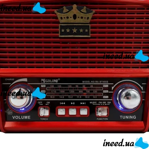 Аккумуляторный FM радиоприемник MP3 колонка Golon RX-455S SOLAR USB+SD с солнечной панелью, Портативный ФМ радио приемник 6W с аккумулятором Красный