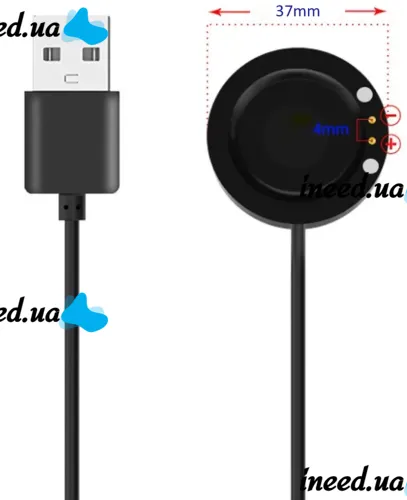 Магнитное зарядное устройство IS7 Charging Line для Smart Watch T500, Магнитная USB зарядка 37мм 2-коннектора для зарядки смарт часов Черная