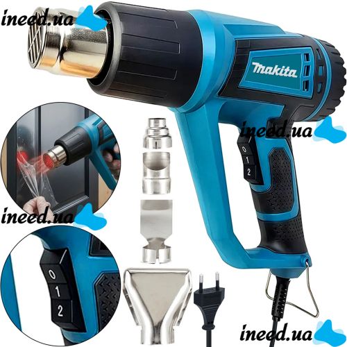 Промышленный сетевой фен Мakita HG5030K 1600W с 4 насадками 2 режима для пайки снятия краски и термоусадки, тепловой строительный фен от сети