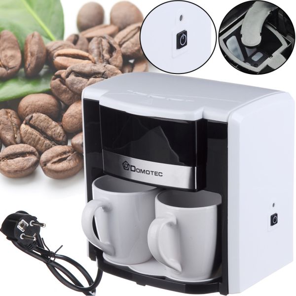 Drip coffee maker for two cups Domotec MS-0706 with 2 ceramic cups, home electric coffee machine for tea and coffee 0.3 L 500W White