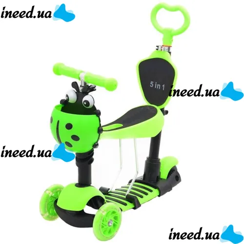Трехколесный детский самокат беговел Scooter FYS-2864 Green 5 в 1 со складным сиденьем, родительской ручкой и светящимися колесами для детей Зеленый