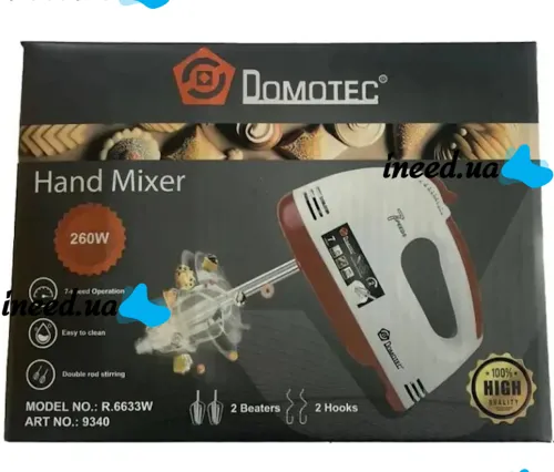 Ручной кухонный миксер Domotec R-6633W 260W для замешивания и взбивания теста с 2 видами насадок, Тестомес Домотек R.6633W 7 скоростей от сети