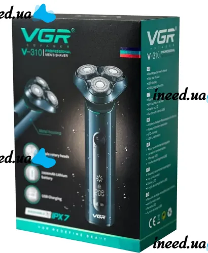 Мужская аккумуляторная электробритва VGR V-310 для влажного и сухого бритья, Беспроводная водонепроницаемая бритва с тремя плавающими головками IPX7