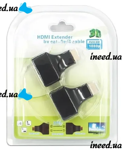 Одноканальный пассивный двойной переходник удлинитель HDMI сигнала - 2xRJ45 адаптер Voltronic по UTP кабелю по двум витым парам до 30м 1080P Черный