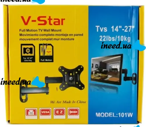 Настенный поворотный кронштейн V-STAR 101W для телевизоров CP101 14"-27" до 10 кг Поворотное крепление для ТВ DF03, X100 на стену с поворотом 180º