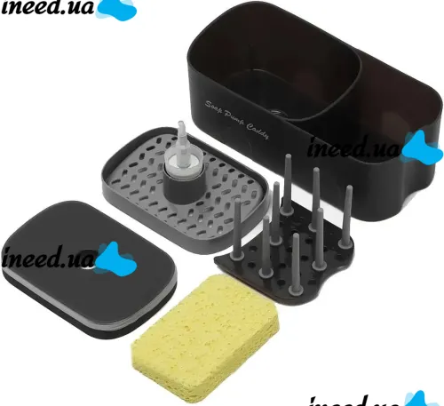 Нажимной диспенсер органайзер Soap pump caddy для моющего средства и кухонной губки 300мл, Подставка для губок с мыльницей дозатором Черный