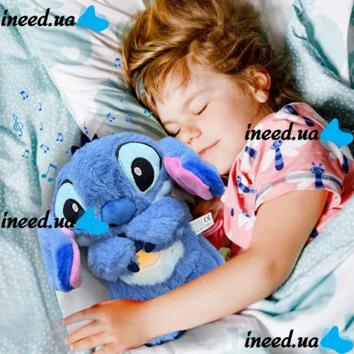 Интерактивная мягкая игрушка дышащий стич Stich 30 см, Музыкальный плюшевый ночник стич с эффектом дыхания на батарейках для новорождённых детей