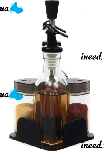 Набор кухонных емкостей Seasoning Bottle T221-3 для специй, масла и уксуса 4 емкости на подставке, Спецовница органайзер для хранения приправ Черный