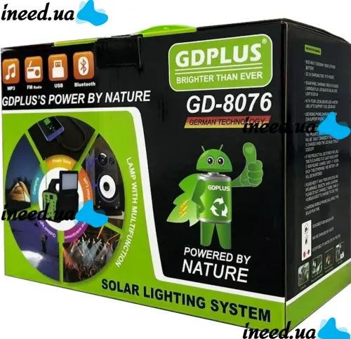 Автономная солнечная станция GDPlus GD-8076 Фонарь колонка с функцией Power Bank, Bluetooth, FM радио, MP3 и 4 LED лампочки с солнечной панелью