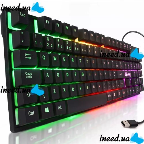 USB проводная геймерская компьютерная клавиатура Landslides KR-6300 с RGB Led подсветкой ATLANFA AT-6300, полноразмерная мембранная Черная