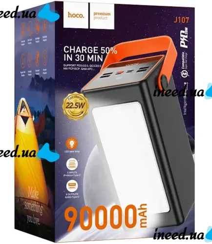 Портативное зарядное устройство Power Bank HOCO J107 90000 mAh 22.5W с фонариком Внешний аккумулятора повербанк Хоко 4USB 1TYPE-C для зарядки Черный