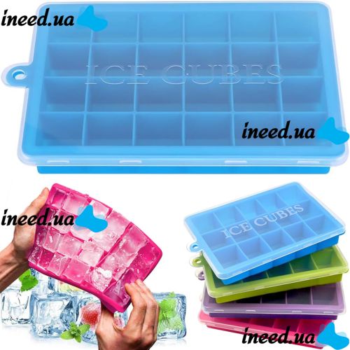 Силиконовая многоразовая форма Silicone Ice Cubes Make для заморозки льда и шоколада с крышкой на 24 ячейки, Лоток поднос для хранения льда 24 кубика