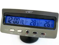 Автомобильные часы VST-7045 с термометром и вольтметром в салон автомобиля с синей LED подсветкой, Авточасы от батареек и прикуривателя в машину