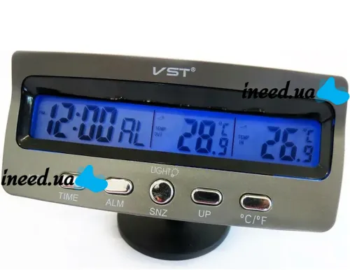 Автомобильные часы VST-7045 с термометром и вольтметром в салон автомобиля с синей LED подсветкой, Авточасы от батареек и прикуривателя в машину