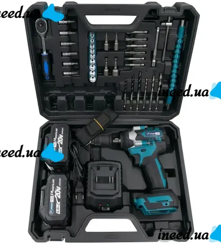 Беспроводной ударный гайковерт Makita DTW500BL 20V 4Ah 2 аккумулятора, Аккумуляторный бесщеточный гайковерт PROFI-TEC 350 Нм с головками в кейсе