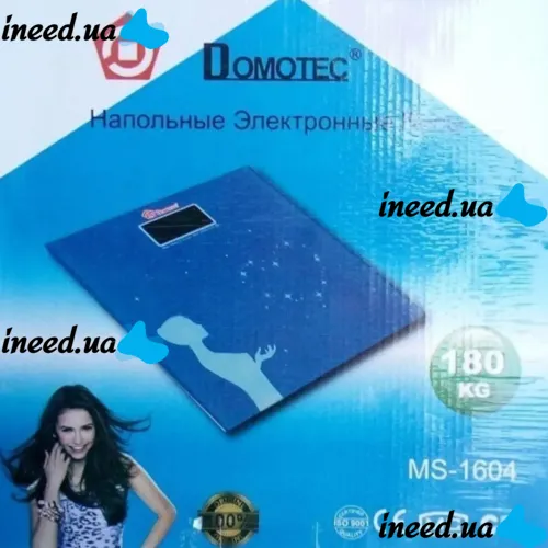 Електронні підлогові ваги Domotec MS-1604 до 180 Кг, Квадратні скляні ваги з Led дисплеєм для зважування Домотек до 180кг Сині