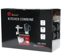 Стационарный планетарный комбайн тестомес Domotec MS-2052 с металлической чашей на 4 л 3500W, Кухонный миксер мясорубка блендер с насадками Красный