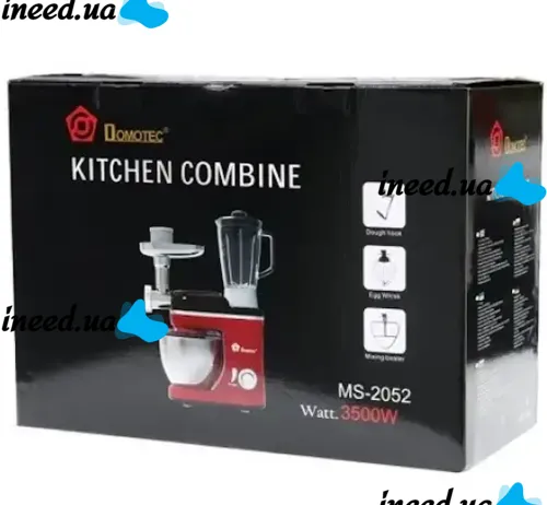 Стационарный планетарный комбайн тестомес Domotec MS-2052 с металлической чашей на 4 л 3500W, Кухонный миксер мясорубка блендер с насадками Красный