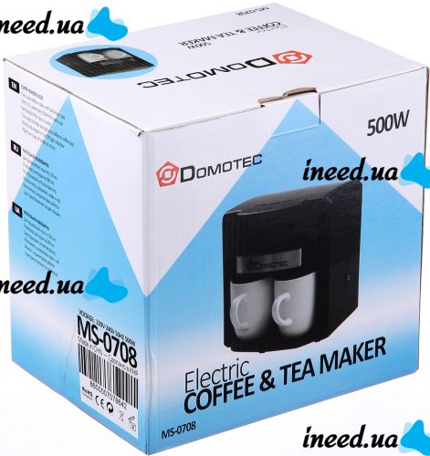 Domotec MS-0708 two-cup drip coffee maker with 2 ceramic cups, home electric tea and coffee maker 0.3L 500W Black