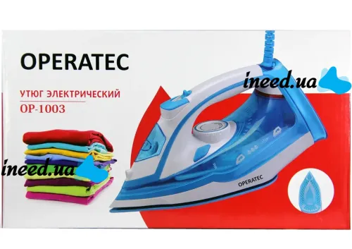 Manual steam iron Operatec OP-1003 2200W with ceramic sole steam regulator for ironing clothes OP1003 with steam from the mains 2200W Blue