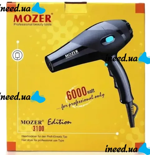Профессиональный фен Mozer MZ-3100 6000W для сушки и укладки волос с 2 насадками, Электрический фен с холодным обдувом 2 скорости 3 режима Черный