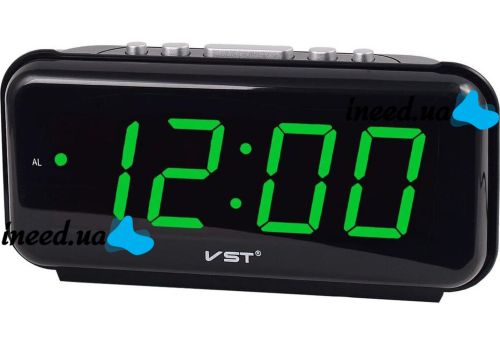 Электронные настольные часы VST-738 Зеленые со светодиодной LED подсветкой сетевой циферблат, будильник с отсрочкой от сети и батареек