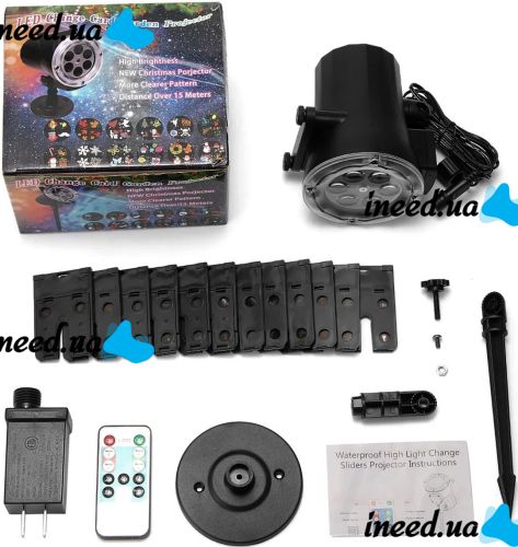 Вуличний лазерний проектор Led Change card Garden Projector PJ-518 на 12 картриджів RGB зображень, Новорічний світлодіодний диско прожектор з пультом