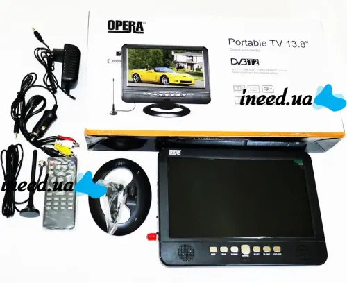Автомобильный портативный телевизор Opera TV OP-1002 13,8" дюймов T2 от сети и от прикуривателя, Экран Опера с аккумулятором USB SD в автомобиль