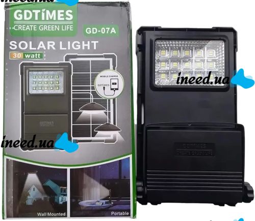 Портативная солнечная зарядная станция Gdlite GD-07А аккумуляторный светодиодный фонарь повербанк с лампочками, солнечной панелью Power Bank USB 30W