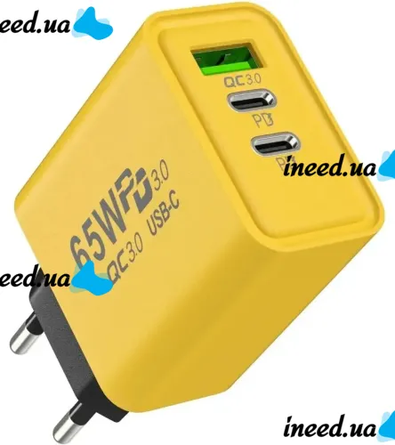 Сетевое зарядное устройство зарядка BauTech APD-60 65W USB 2Type-C блок питания адаптер с быстрой зарядкой для мобильного телефона GaN PD 65Вт Желтый