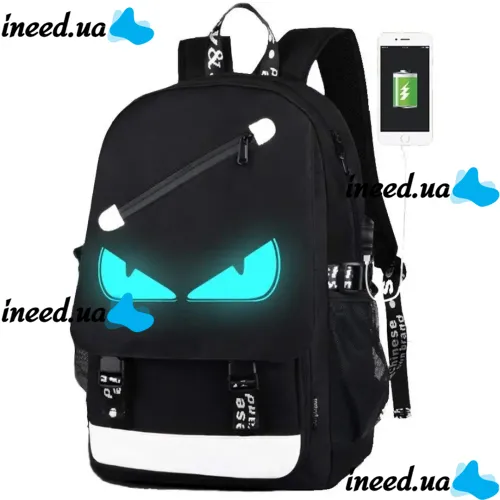 Urban Backpack Glow-in-the-Dark New Eyes Eyes with USB Charging, School Bag with LED Backlight, Travel Satchel to School for Children Black