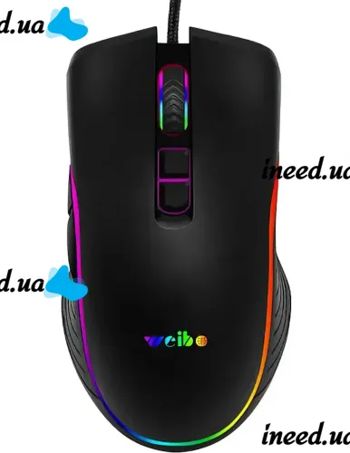 Игровая проводная компьютерная мышка Weibo S320 USB 7 Кнопок с RGB подсветкой для ПК, Геймерская USB мышь 4800 DPI для компьютера и ноутбука Черная