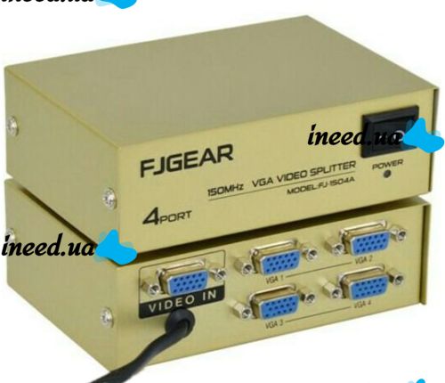 Сплиттер VGA KV-FJ1504A Splitter, Коммутатор 150MHz 4 Port Четыре порта с адаптером разветвитель VGA