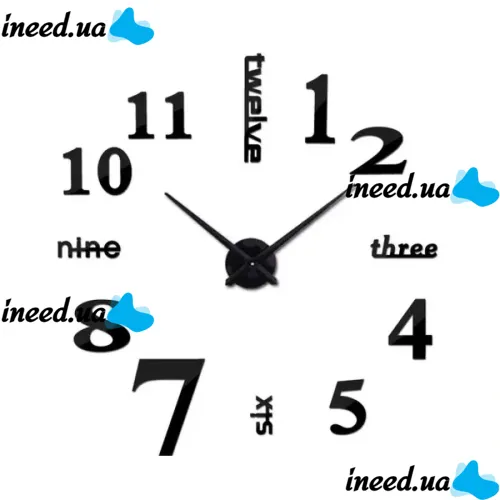 Большие 3D бесшумные настенные часы Diy Clock ZH01510 BLACK 90 см, Бескаракасные самоклеющиеся 3Д часы Цифры на стену для дома, офиса Черные