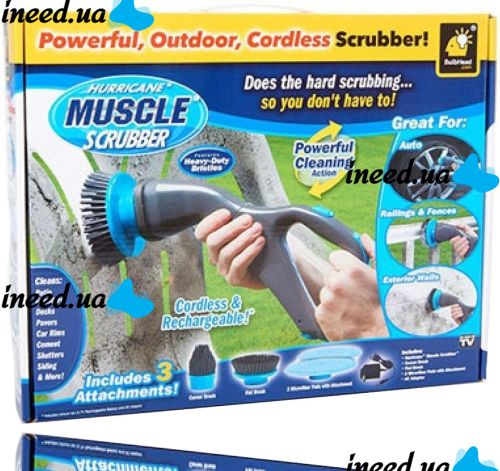 Беспроводная щетка для уборки Hurricane Muscle Scrubber 4 насадкия, Аккумуляторная чистящая щётка от USB с насадками для чистки поверхностей Серая