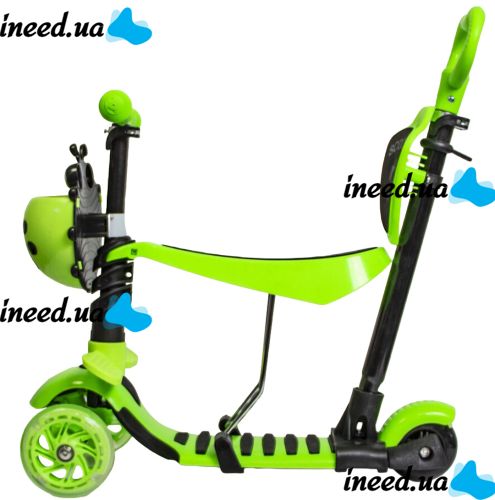 Трехколесный детский самокат беговел Scooter FYS-2864 Green 5 в 1 со складным сиденьем, родительской ручкой и светящимися колесами для детей Зеленый