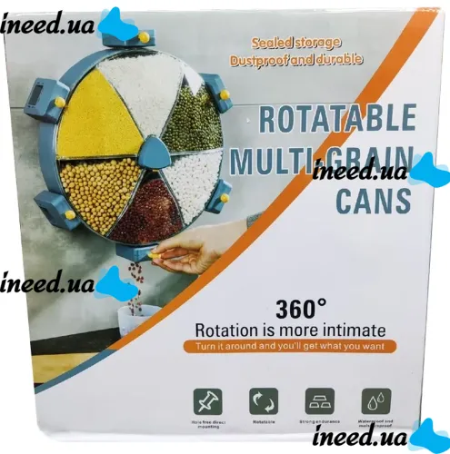 Настенный диспенсер карусель Rotatable Multi-Grain Cans для хранения круп 6 отделений 360, Вращающийся органайзер сыпучих продуктов с дозатором