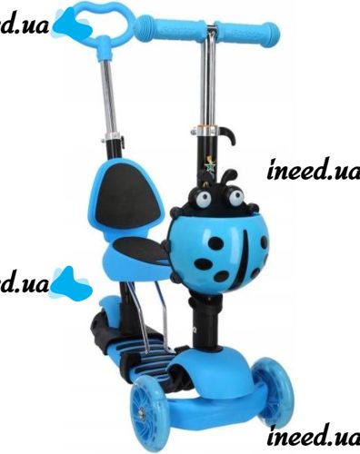 Трехколесный детский самокат беговел Scooter FYS-2864 Blue 5 в 1 со складным сиденьем, родительской ручкой и светящимися колесами для детей Голубой